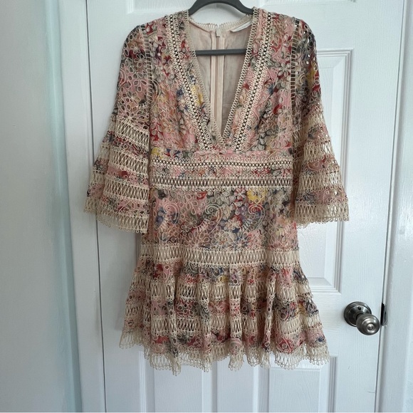 Zimmerman A Line Dress w Crochet Mesh Detailing and Beige w pink & purple Sz 6 - Picture 7 of 11